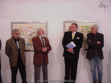 Almásy Aladár, Schéner Mihály festőművészek, Csák Máté és Thury Levente kerámikus a kiállítás megnyitóján