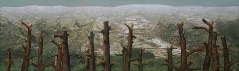SZATMÁRCSEKE – 2008. Budapest, 60 x 200 cm, akril, digitális nyomat, vegyes technika, vászon